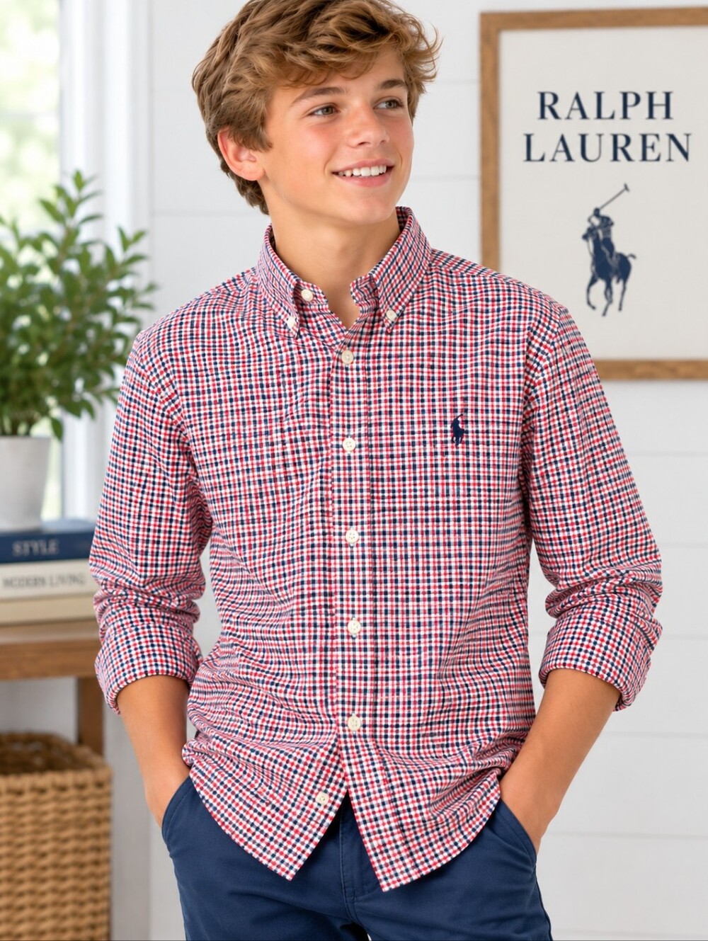 Ralph Lauren Boys XL 18-20 Red Navy Check Plaid Cotton Button Down Shirt